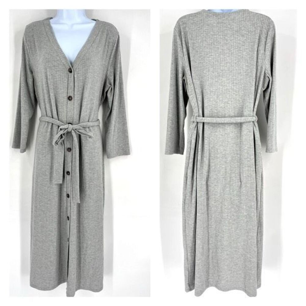 Good Luck Gem Women's Ribbed Button Front Tie Waist Maxi Dress Gray Size‎ XL